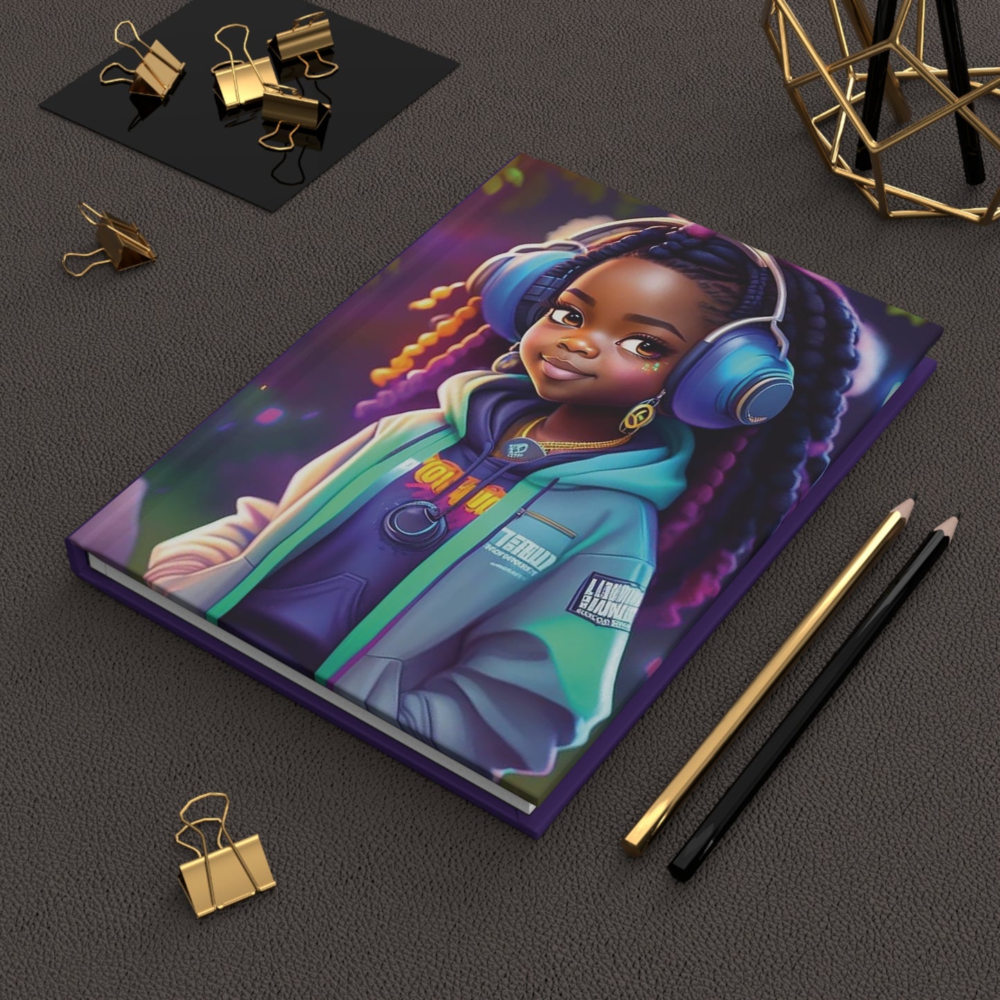 Girl with Headphones Hardcover Journal Matte (Purple tones)