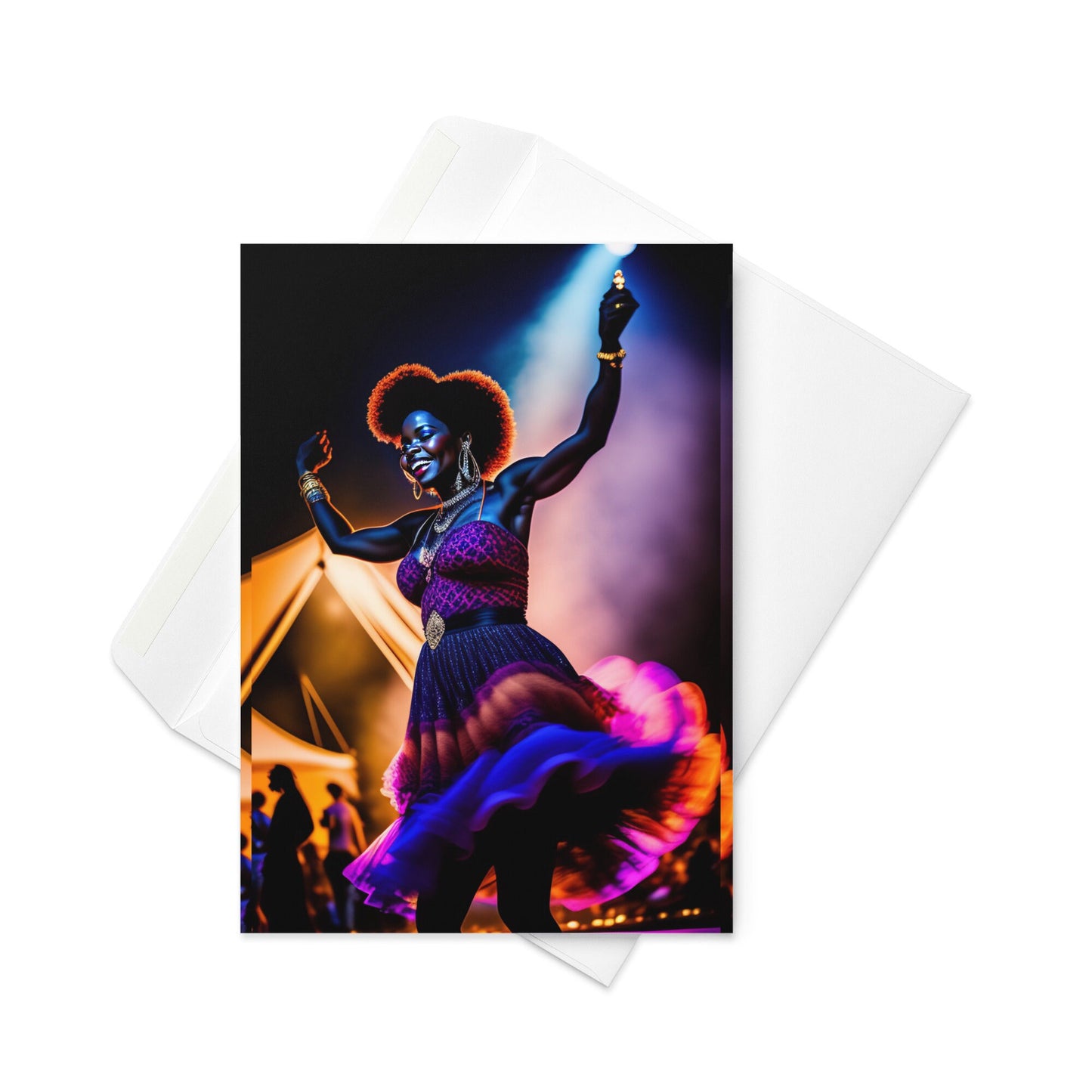 Blank Inside African American Woman Black Woman at Festival Concert Hippie Boho dancing Woman Colorful Party Greeting card with Envelope