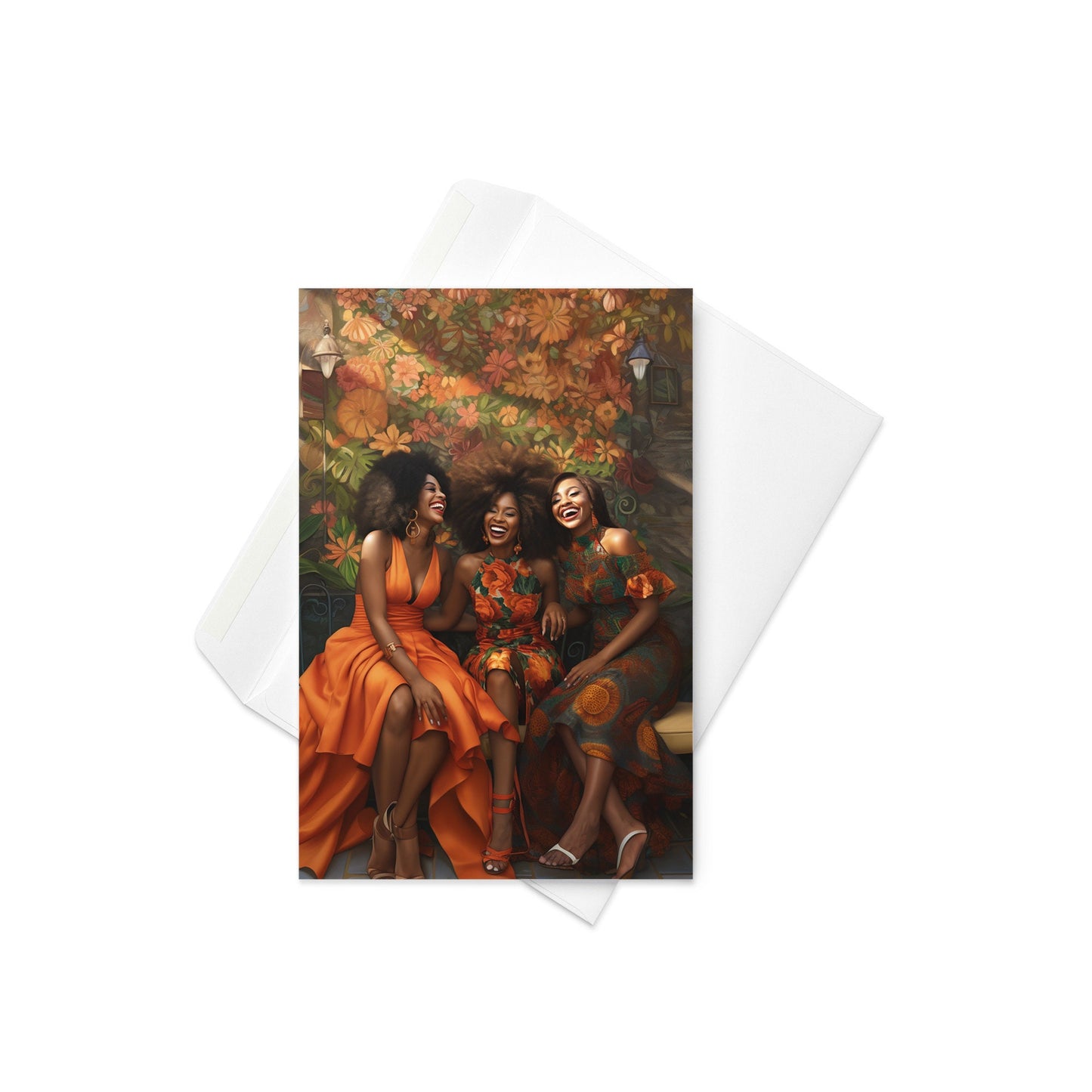 Three Happy Sister Friends Reunion in Orange Tones Greeting card