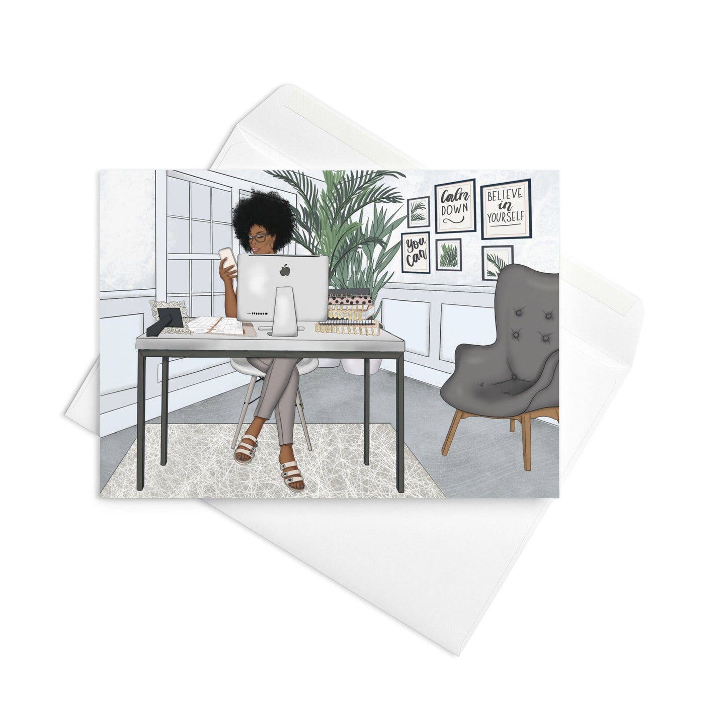 Blank Inside Card African American Black Boss Babe Business Woman in Her Office at the Desk Greeting card with Envelope