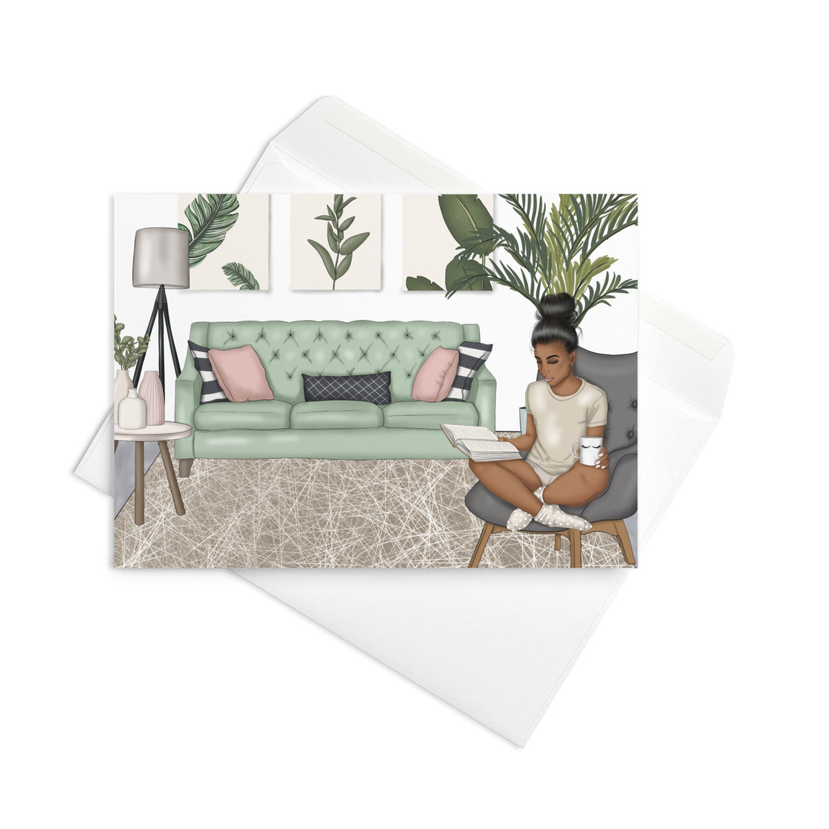 Comfortable at Home with Coffee Black African American Woman Stationery Greeting card Blank Inside