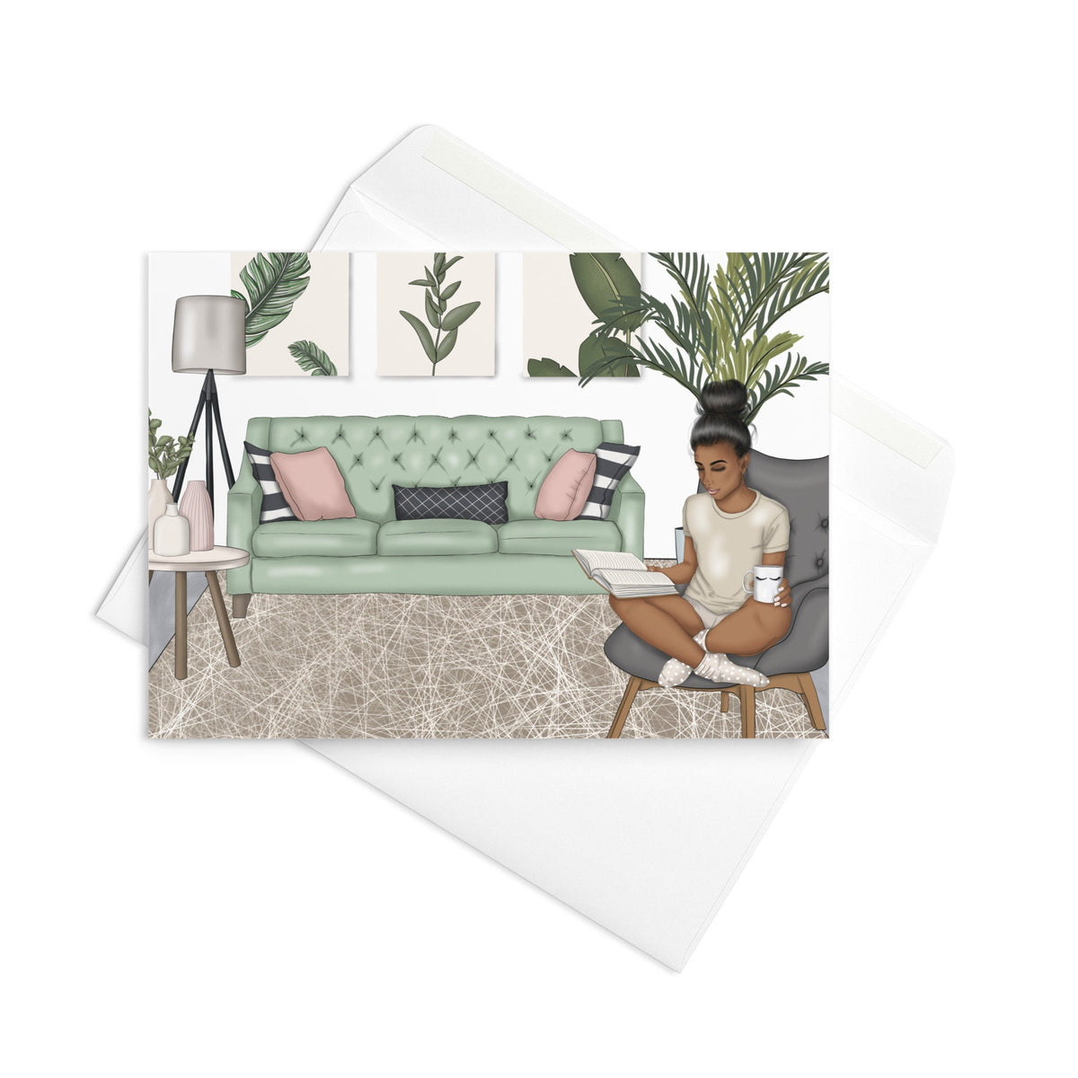 Comfortable at Home with Coffee Black African American Woman Stationery Greeting card Blank Inside
