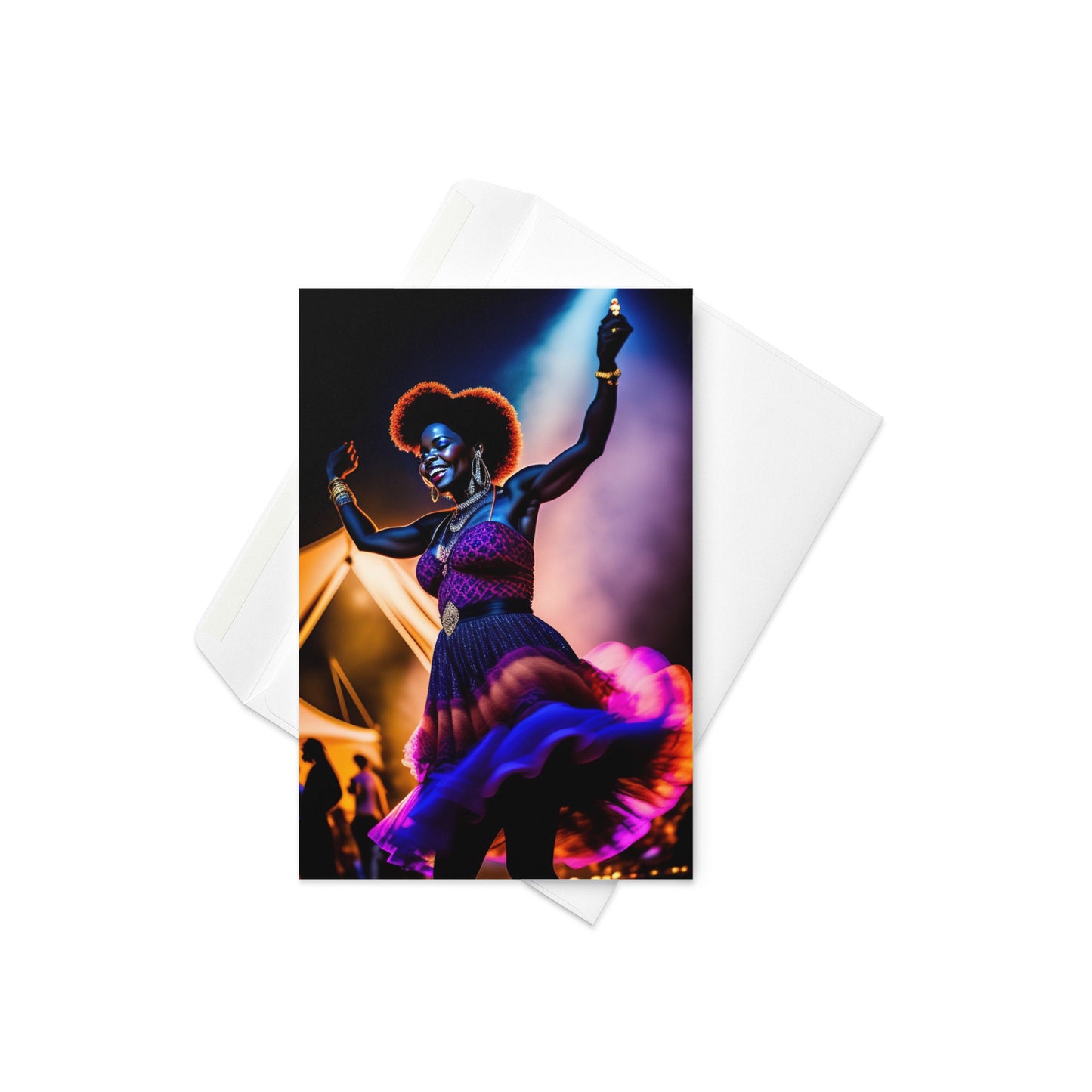 Blank Inside African American Woman Black Woman at Festival Concert Hippie Boho dancing Woman Colorful Party Greeting card with Envelope
