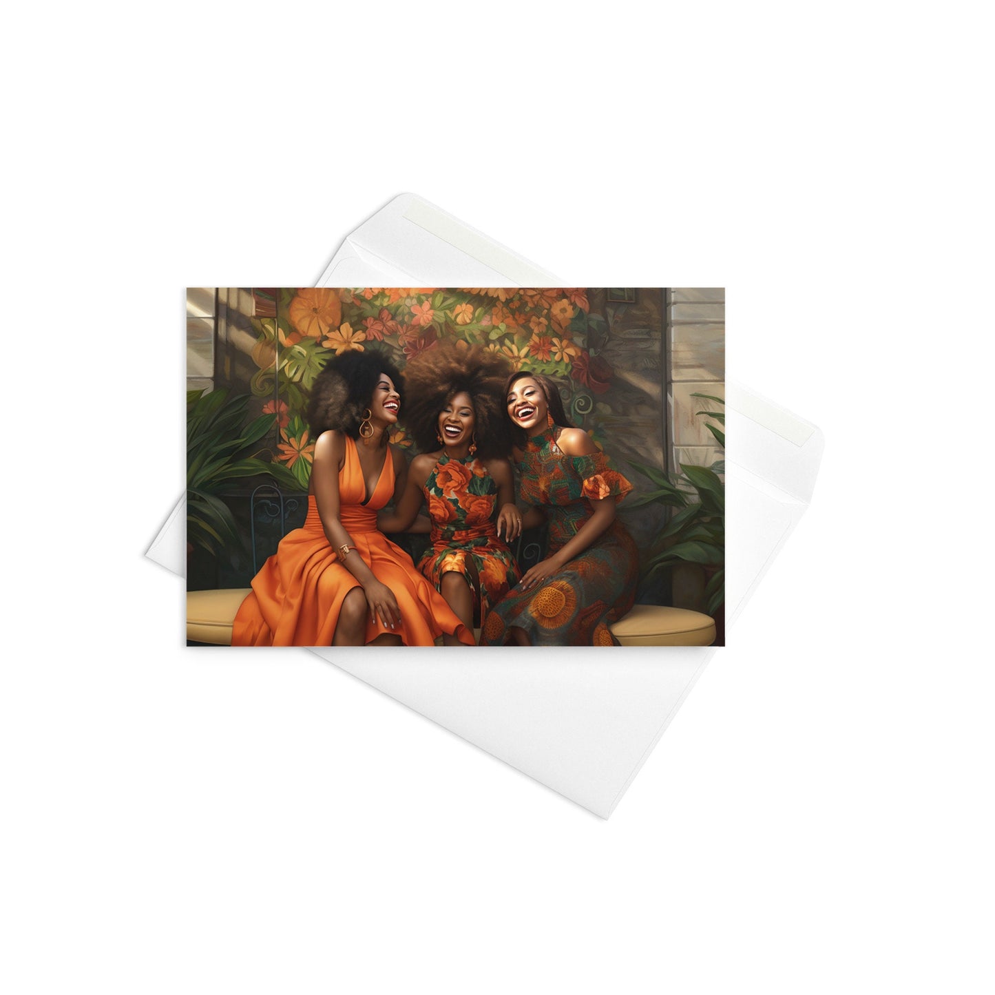 Three Happy Sister Friends Reunion in Orange Tones Greeting card