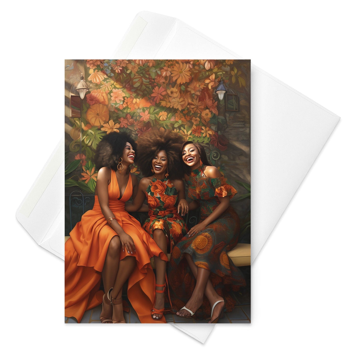 Three Happy Sister Friends Reunion in Orange Tones Greeting card