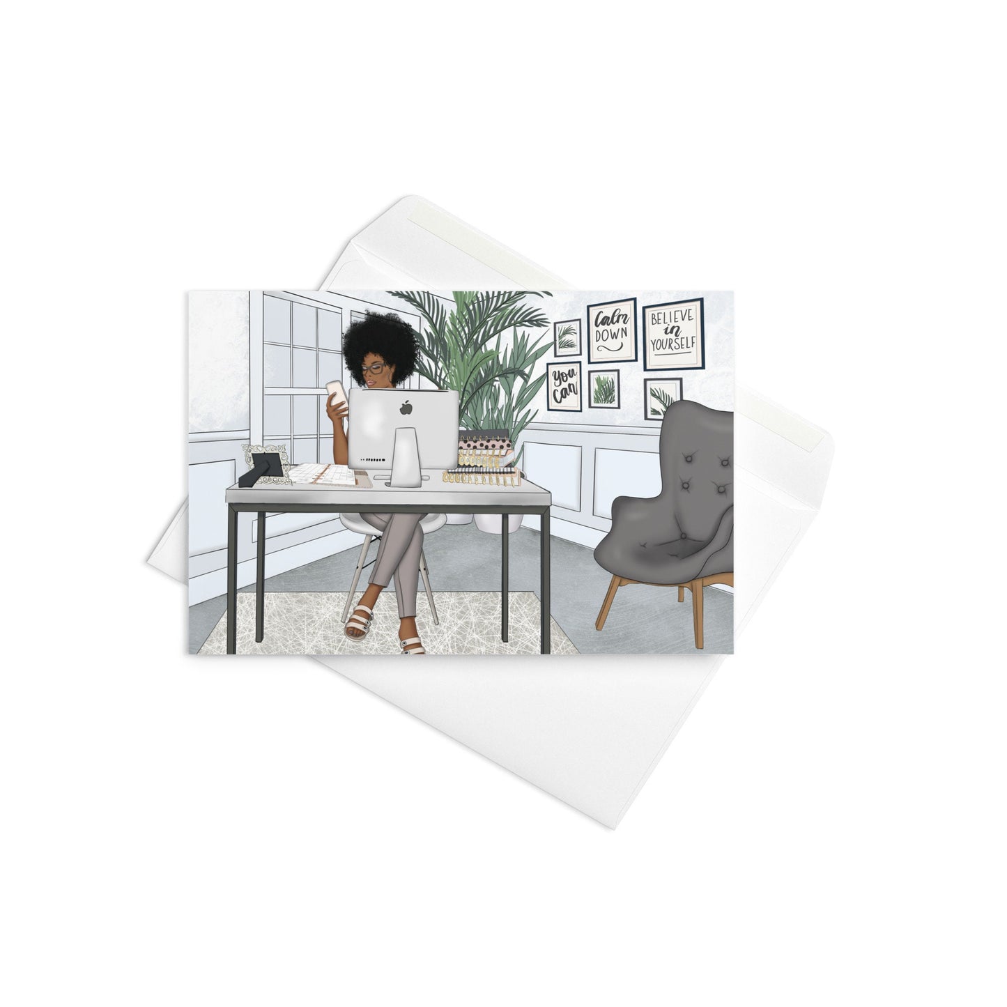 Blank Inside Card African American Black Boss Babe Business Woman in Her Office at the Desk Greeting card with Envelope