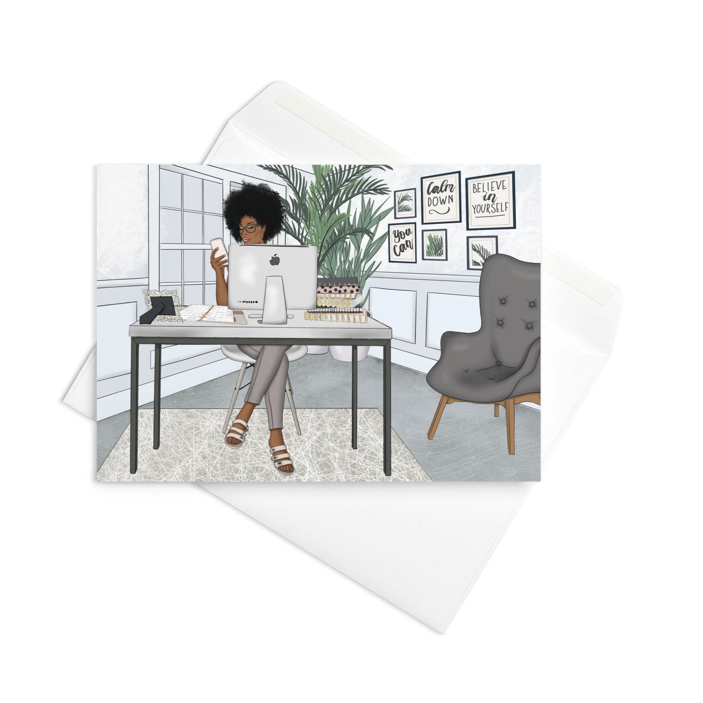 Blank Inside Card African American Black Boss Babe Business Woman in Her Office at the Desk Greeting card with Envelope