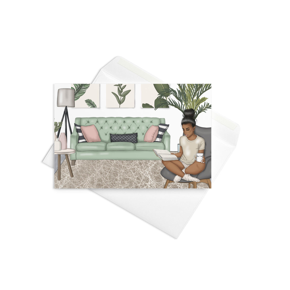 Comfortable at Home with Coffee Black African American Woman Stationery Greeting card Blank Inside