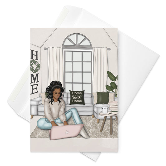 Home Sweet Home Black African American Student with Laptop Greeting card Blank Inside Includes Envelope