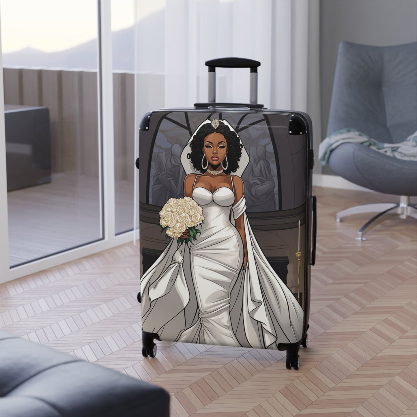 Beautiful Melanated African American (Black) Bride Wedding or Honeymoon Suitcase - 3 sizes
