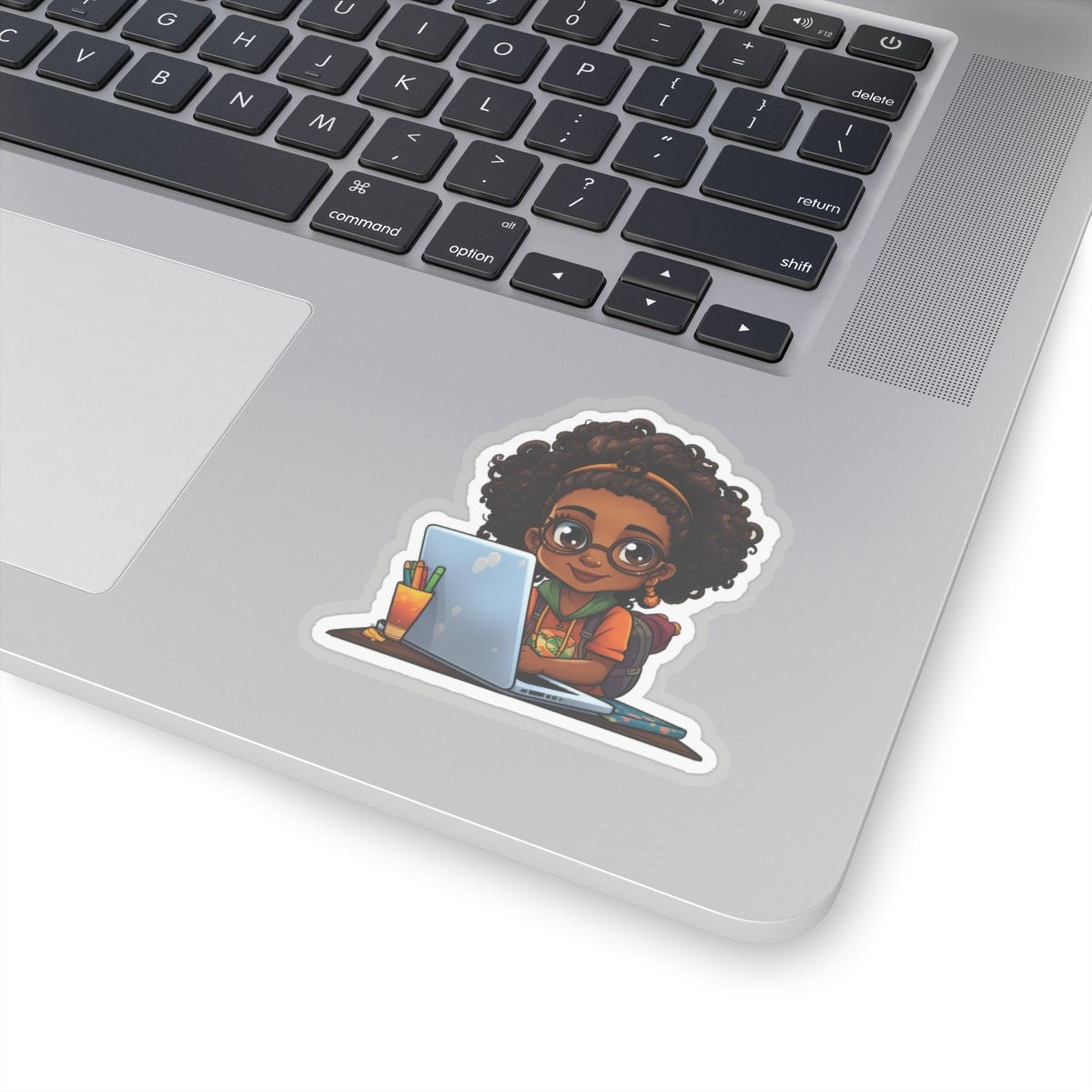 Chibi Style African American Student at Her Desk with Her Laptop Studying Kiss-Cut Stickers