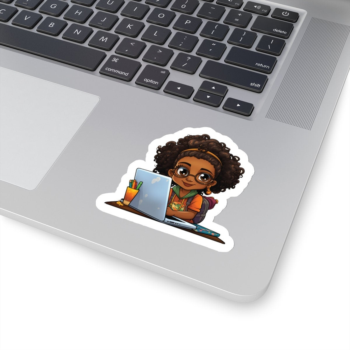 Chibi Style African American Student at Her Desk with Her Laptop Studying Kiss-Cut Stickers