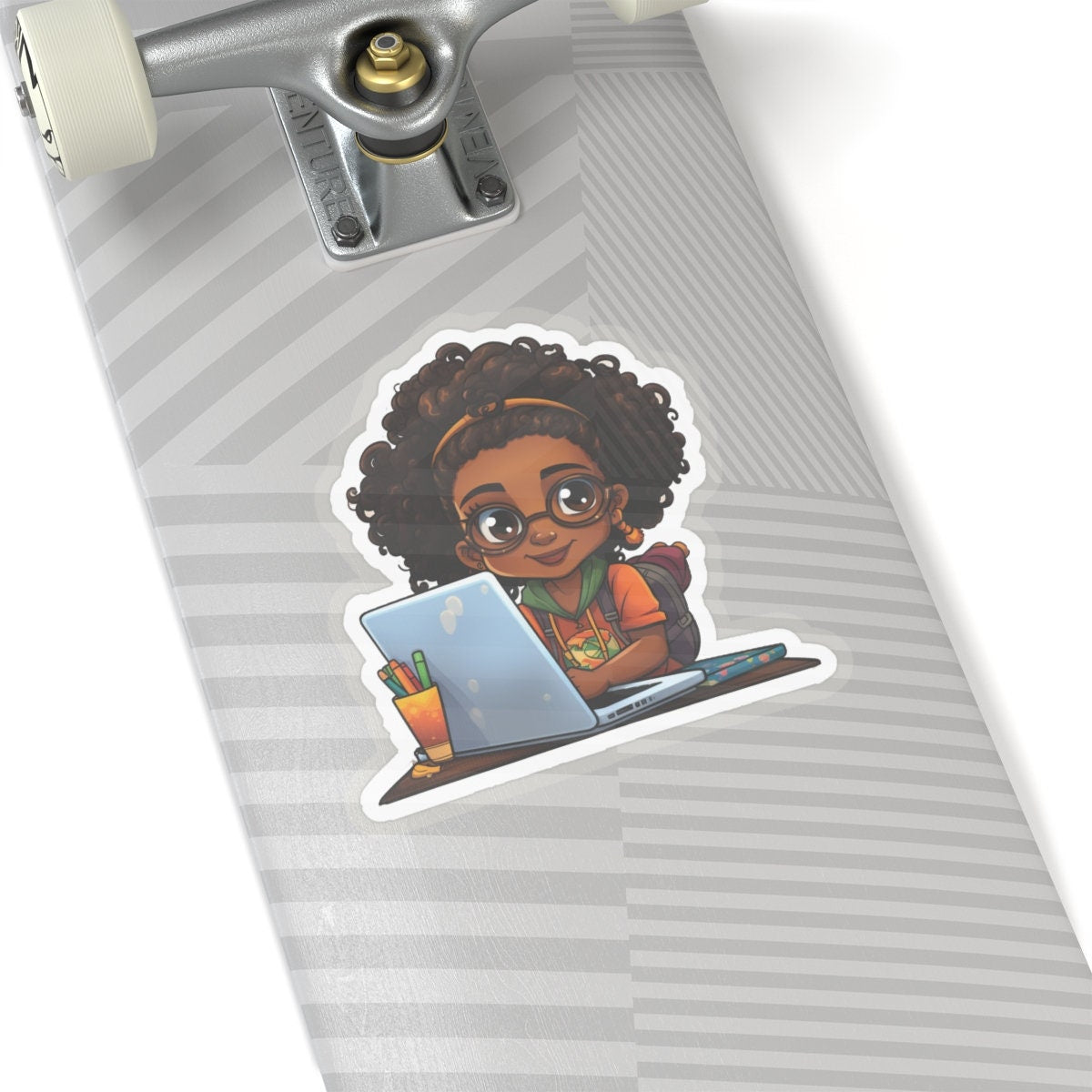 Chibi Style African American Student at Her Desk with Her Laptop Studying Kiss-Cut Stickers