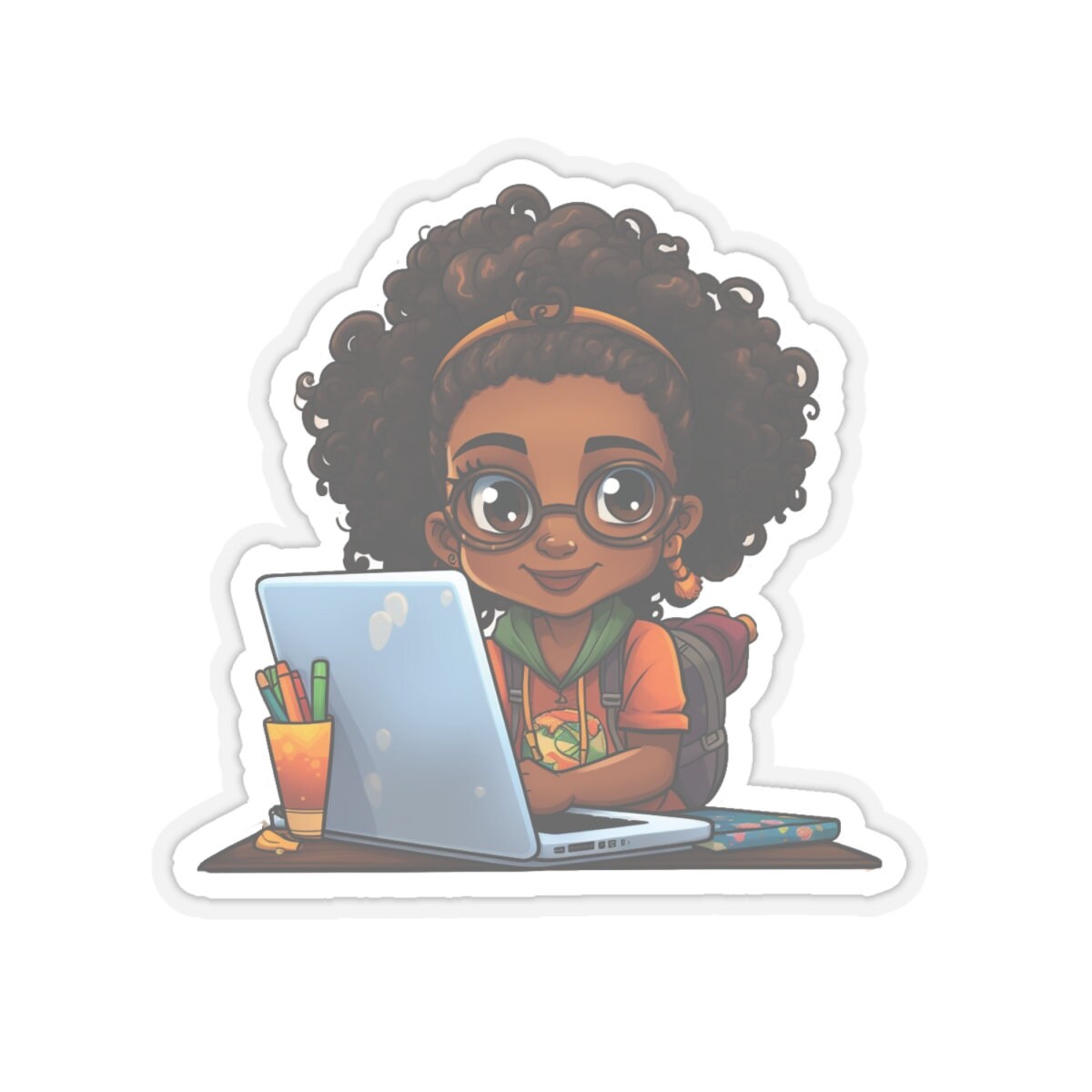 Chibi Style African American Student at Her Desk with Her Laptop Studying Kiss-Cut Stickers
