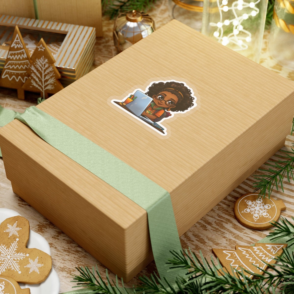 Chibi Style African American Student at Her Desk with Her Laptop Studying Kiss-Cut Stickers