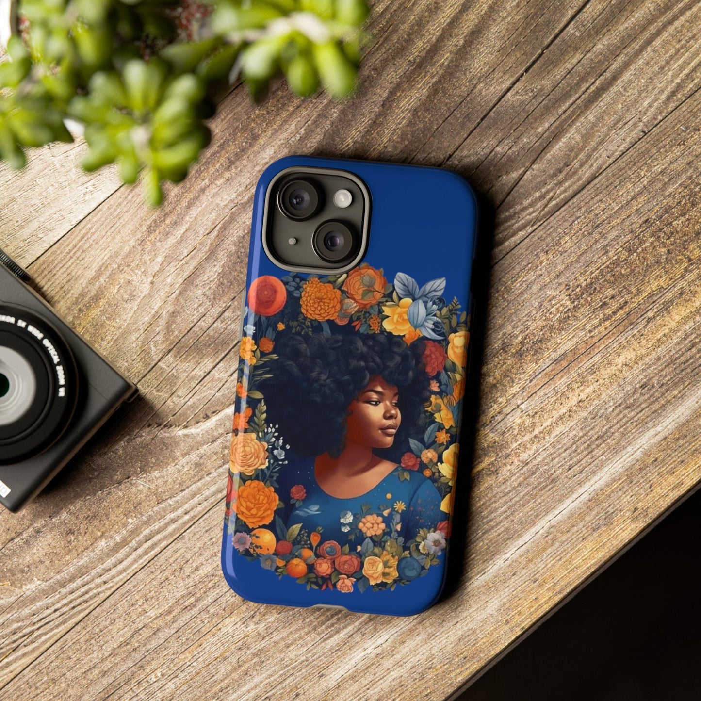 iPhone 15, iPhone 15 Pro, iPhone 15 Plus, iPhone 15 Pro Max Tough Cases African American Black Women in Flower Wreath Blue Green Orange