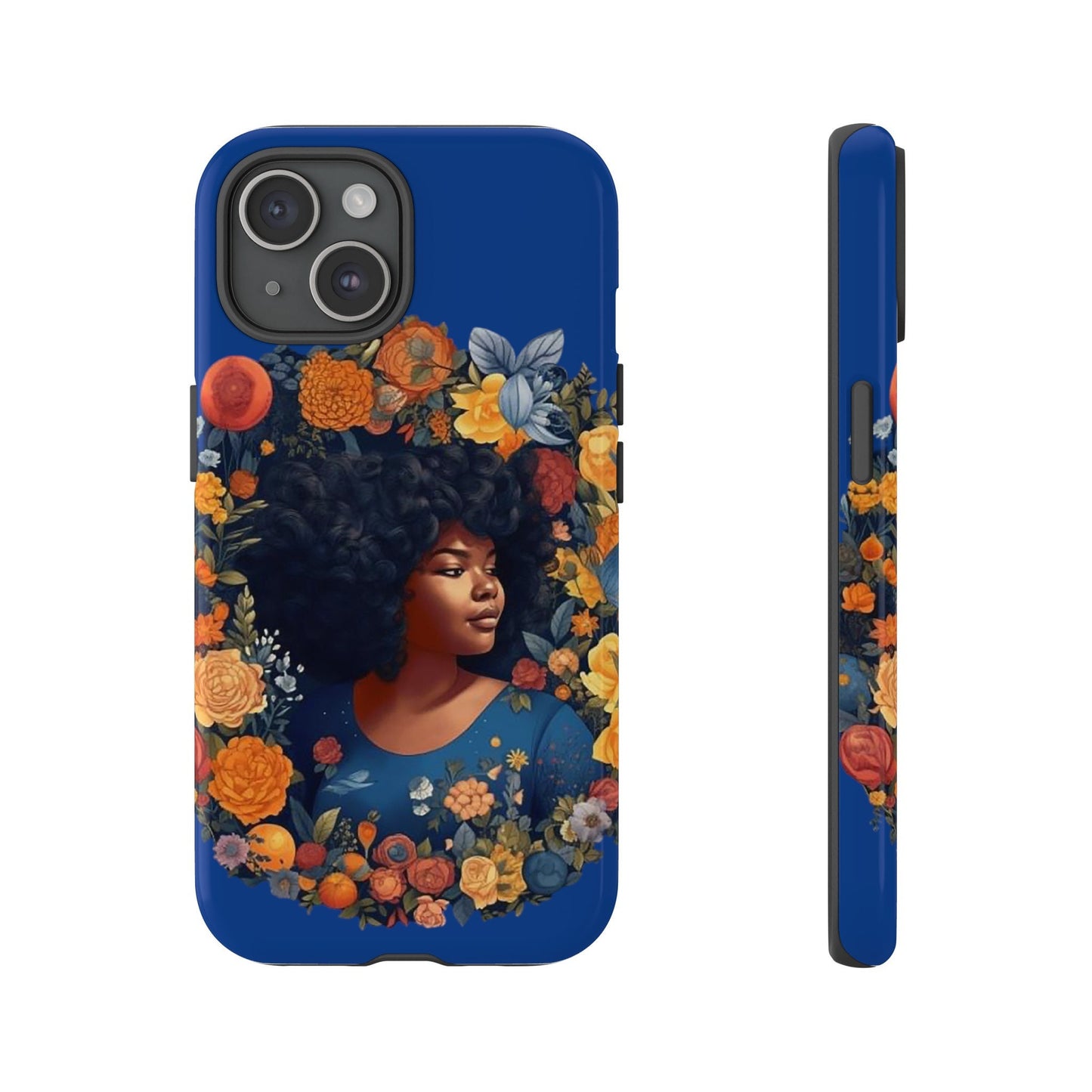 iPhone 15, iPhone 15 Pro, iPhone 15 Plus, iPhone 15 Pro Max Tough Cases African American Black Women in Flower Wreath Blue Green Orange
