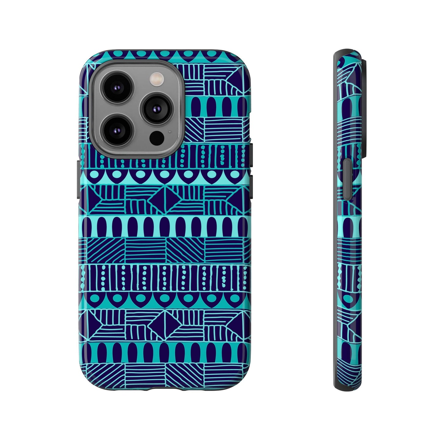 iPhone 14, iPhone 14 Pro, iPhone 14 Plus, iPhone 14 Pro Max Tough Cases Blue Navy Batik African Design Pattern Teal Light Blue