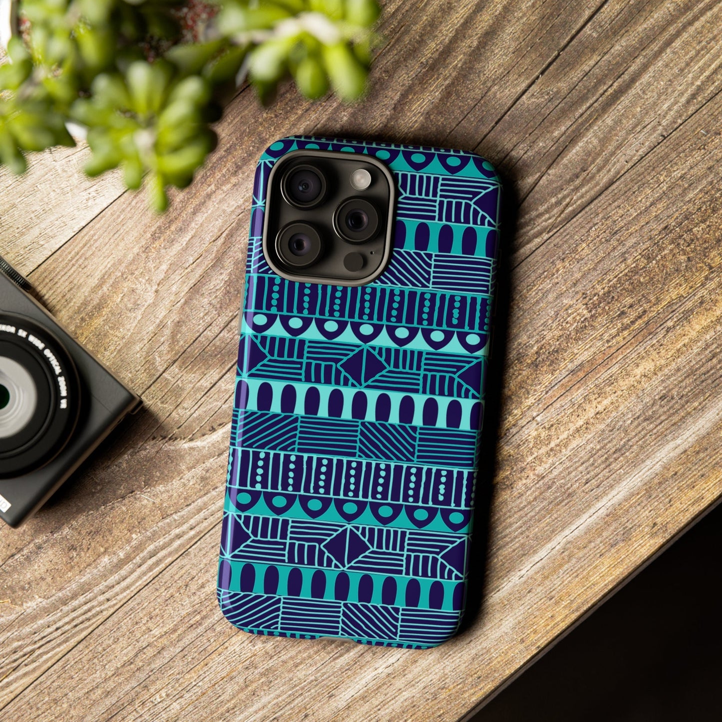 iPhone 15, iPhone 15 Pro, iPhone 15 Plus, iPhone 15 Pro Max Tough Cases Blue Navy Batik African Design Pattern Teal Light Blue