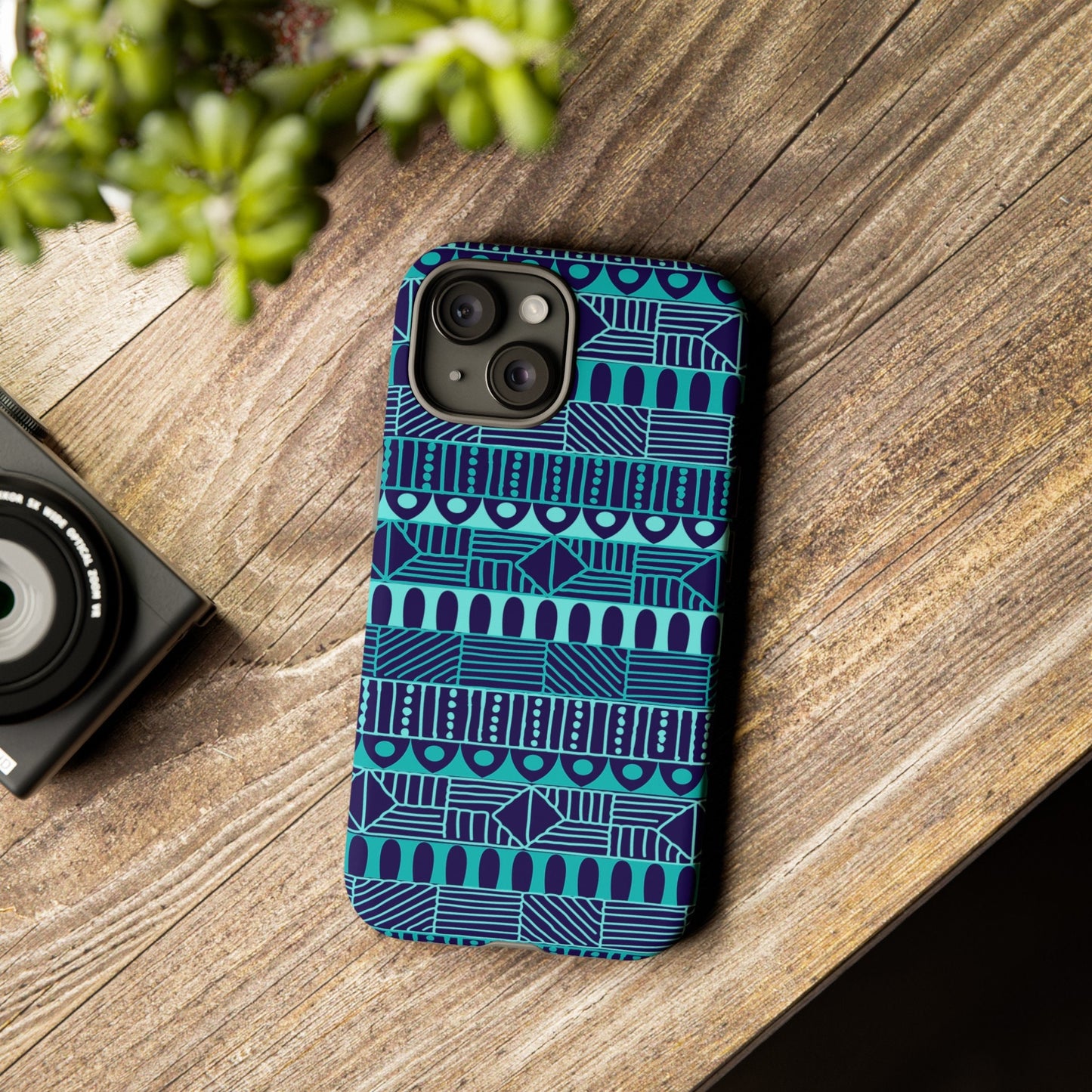iPhone 15, iPhone 15 Pro, iPhone 15 Plus, iPhone 15 Pro Max Tough Cases Blue Navy Batik African Design Pattern Teal Light Blue