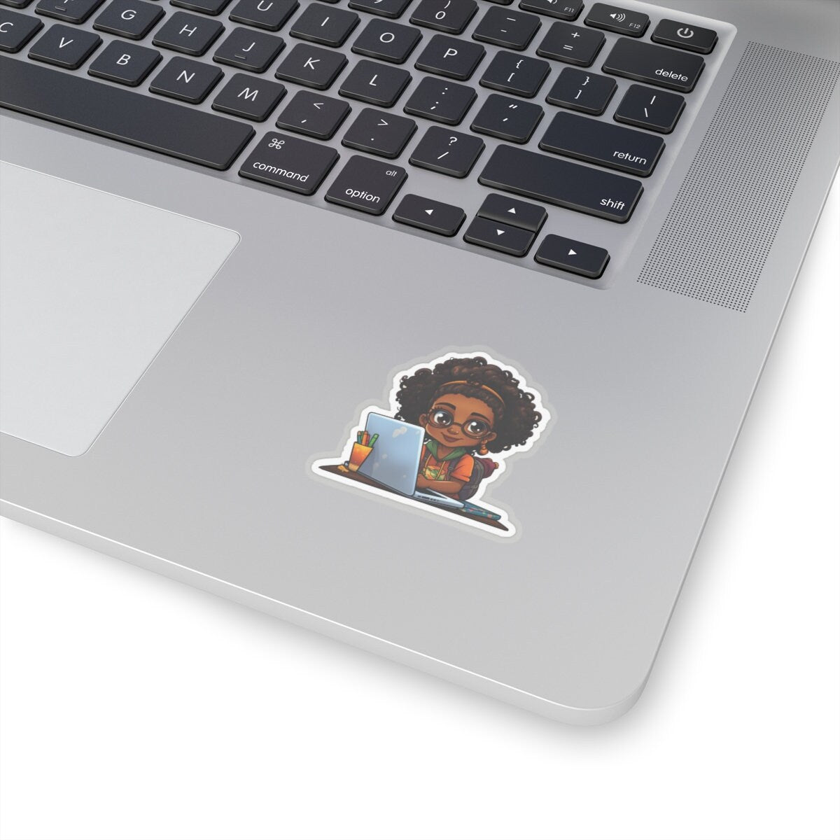 Chibi Style African American Student at Her Desk with Her Laptop Studying Kiss-Cut Stickers
