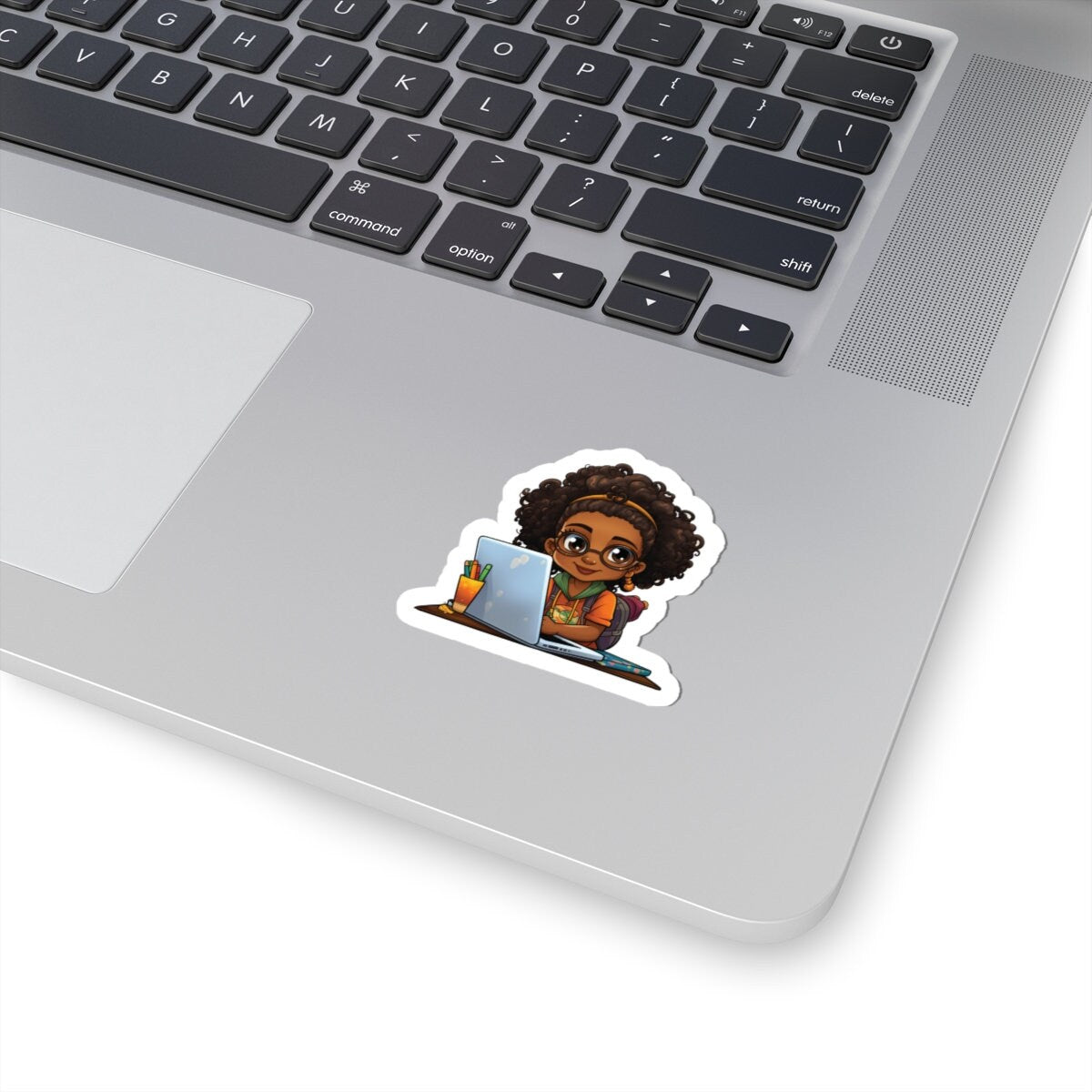 Chibi Style African American Student at Her Desk with Her Laptop Studying Kiss-Cut Stickers