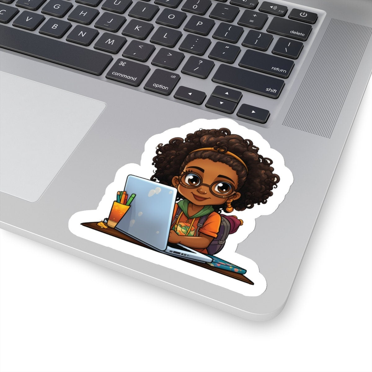 Chibi Style African American Student at Her Desk with Her Laptop Studying Kiss-Cut Stickers