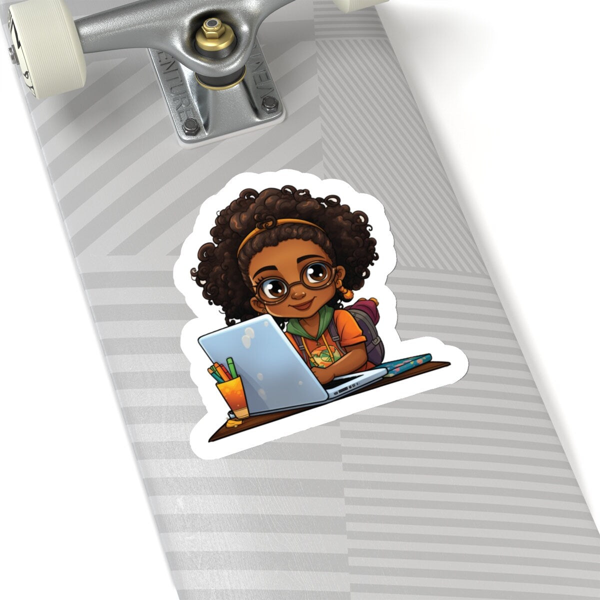 Chibi Style African American Student at Her Desk with Her Laptop Studying Kiss-Cut Stickers