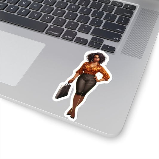 African American Black Business Woman in Orange with Laptop Bag Kiss-Cut Stickers