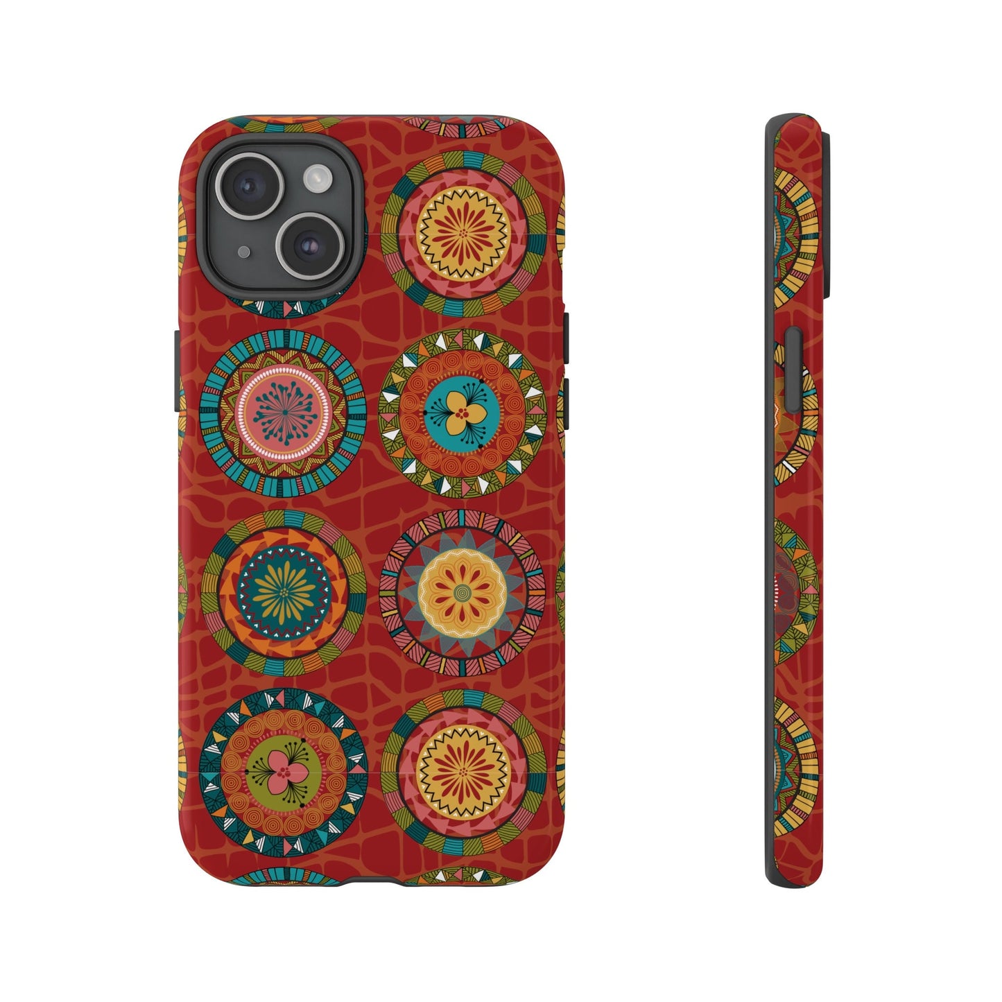 iPhone 15, iPhone 15 Pro, iPhone 15 Plus, iPhone 15 Pro Max Tough Cases Blue Coral Green Yellow Circles Round Colors