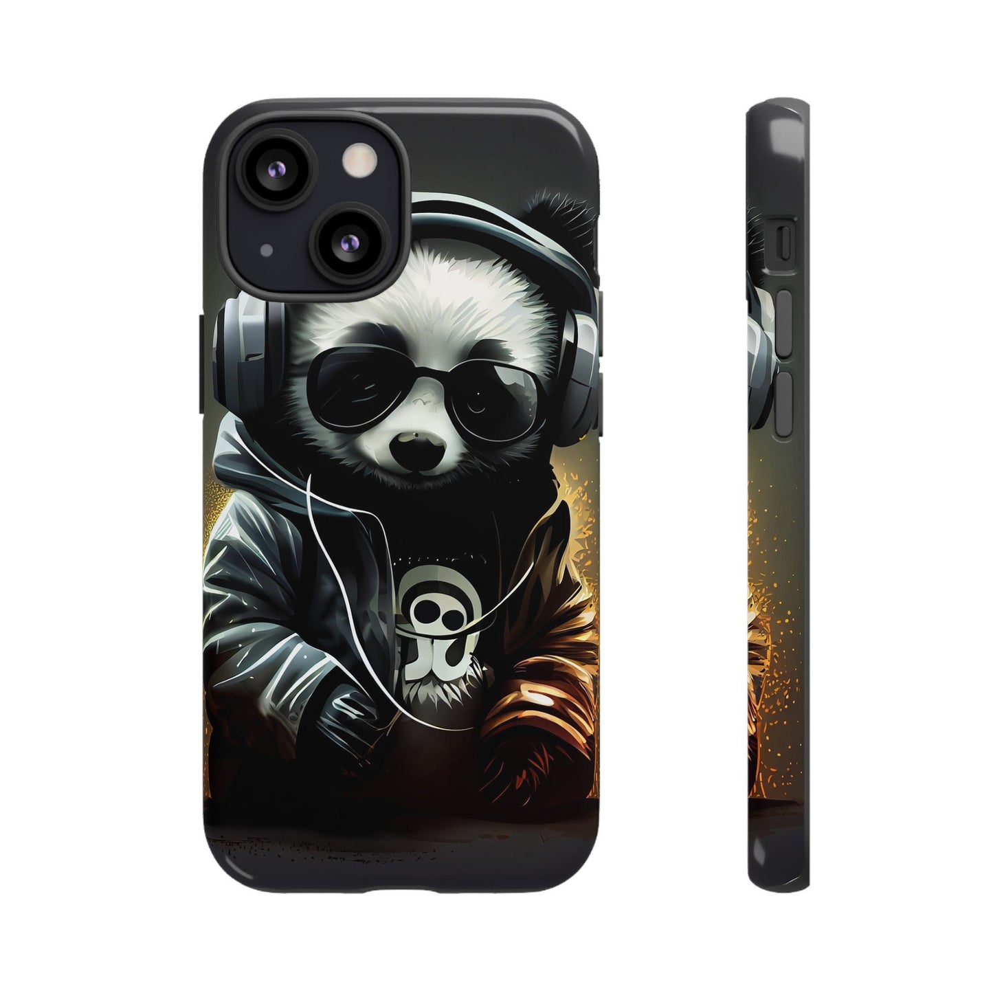 iPhone 13, iPhone 13 Pro, iPhone 13 Mini, iPhone 13 Pro Max Tough Cases Black White Panda With Headphones Audiophile Stereo headset bear