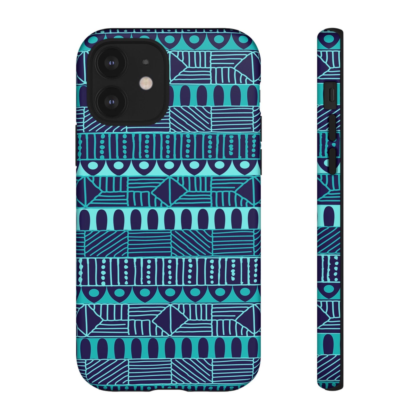 iPhone 12, iPhone 12 Pro, iPhone 12 Mini, iPhone 12 Pro Max Tough Cases Blue Navy Batik African Design Pattern Teal Light Blue