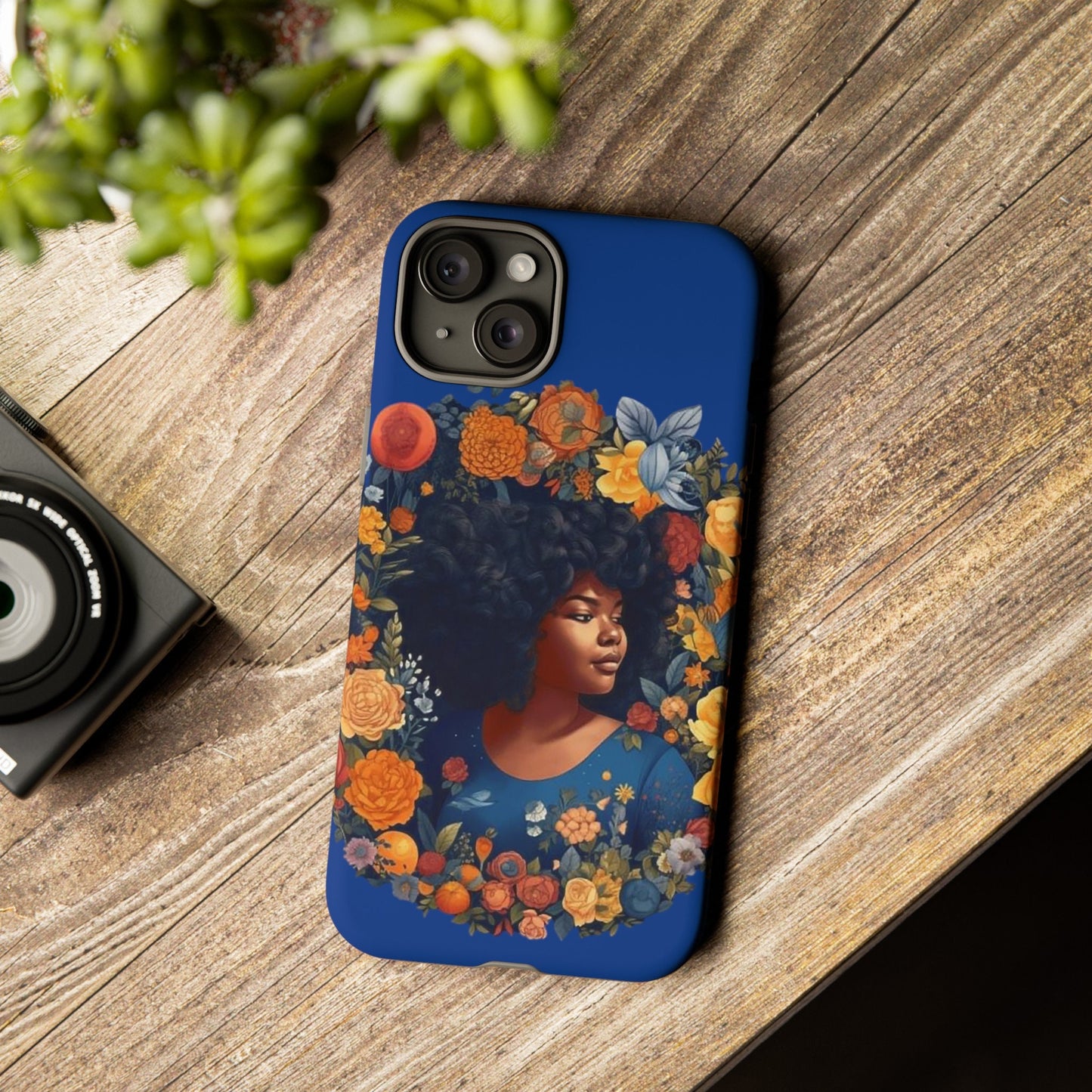 iPhone 15, iPhone 15 Pro, iPhone 15 Plus, iPhone 15 Pro Max Tough Cases African American Black Women in Flower Wreath Blue Green Orange