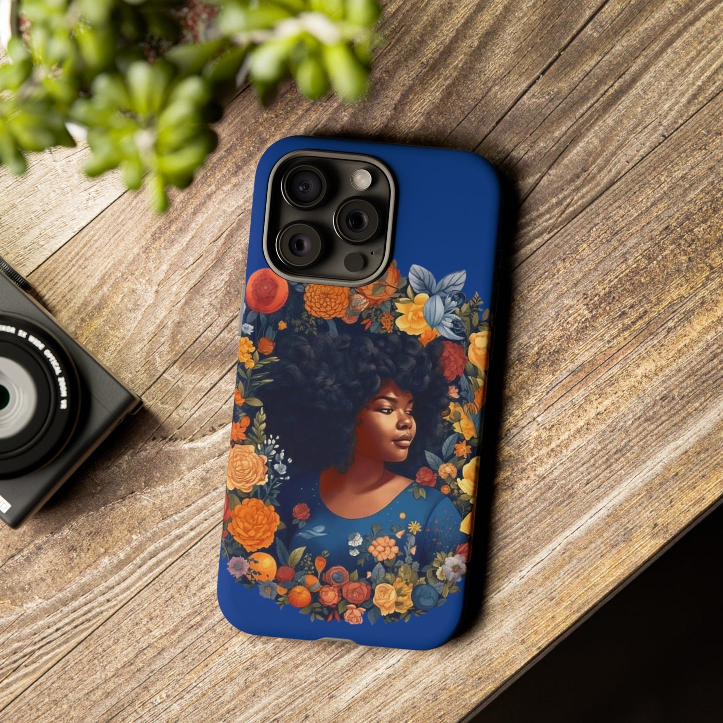iPhone 15, iPhone 15 Pro, iPhone 15 Plus, iPhone 15 Pro Max Tough Cases African American Black Women in Flower Wreath Blue Green Orange