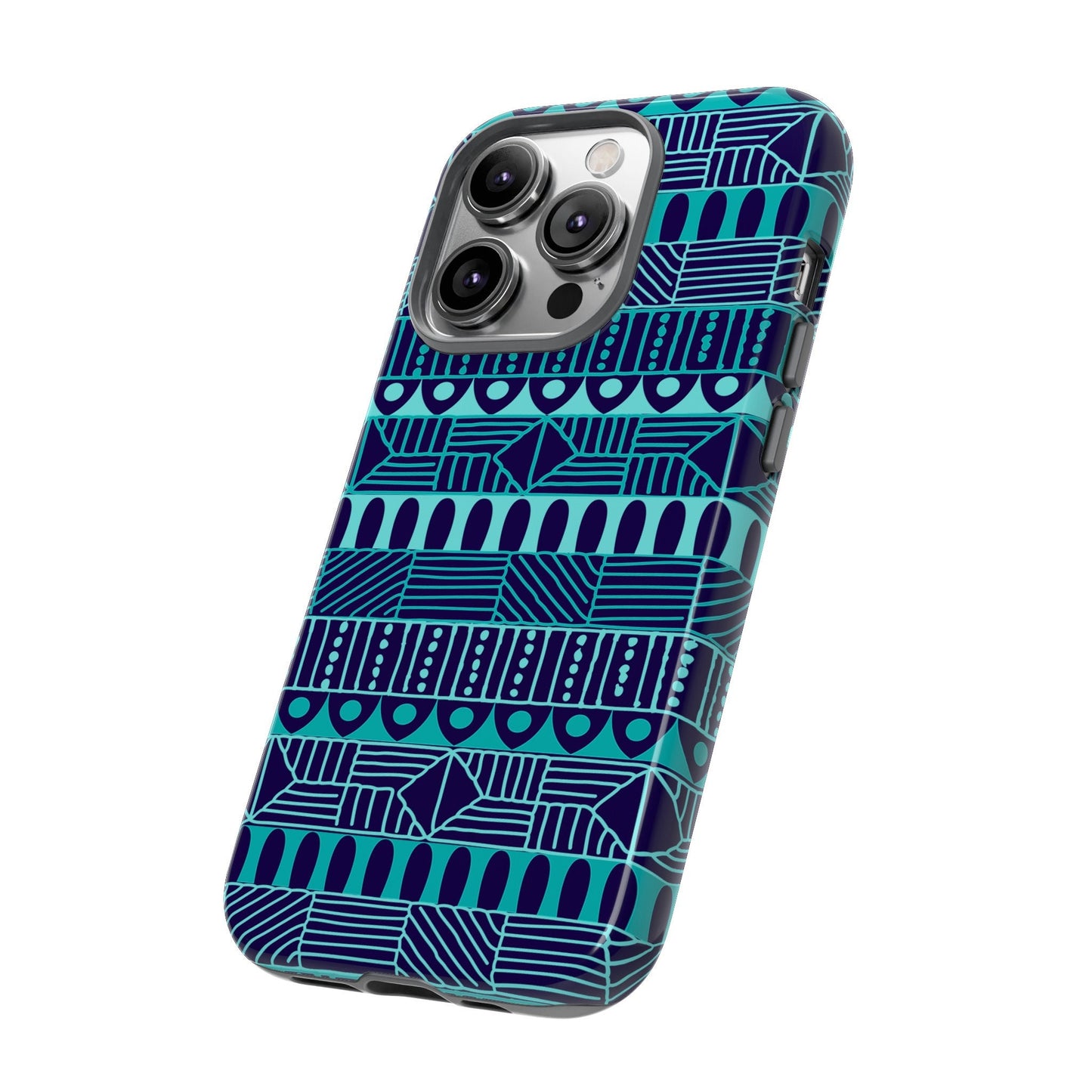 iPhone 14, iPhone 14 Pro, iPhone 14 Plus, iPhone 14 Pro Max Tough Cases Blue Navy Batik African Design Pattern Teal Light Blue