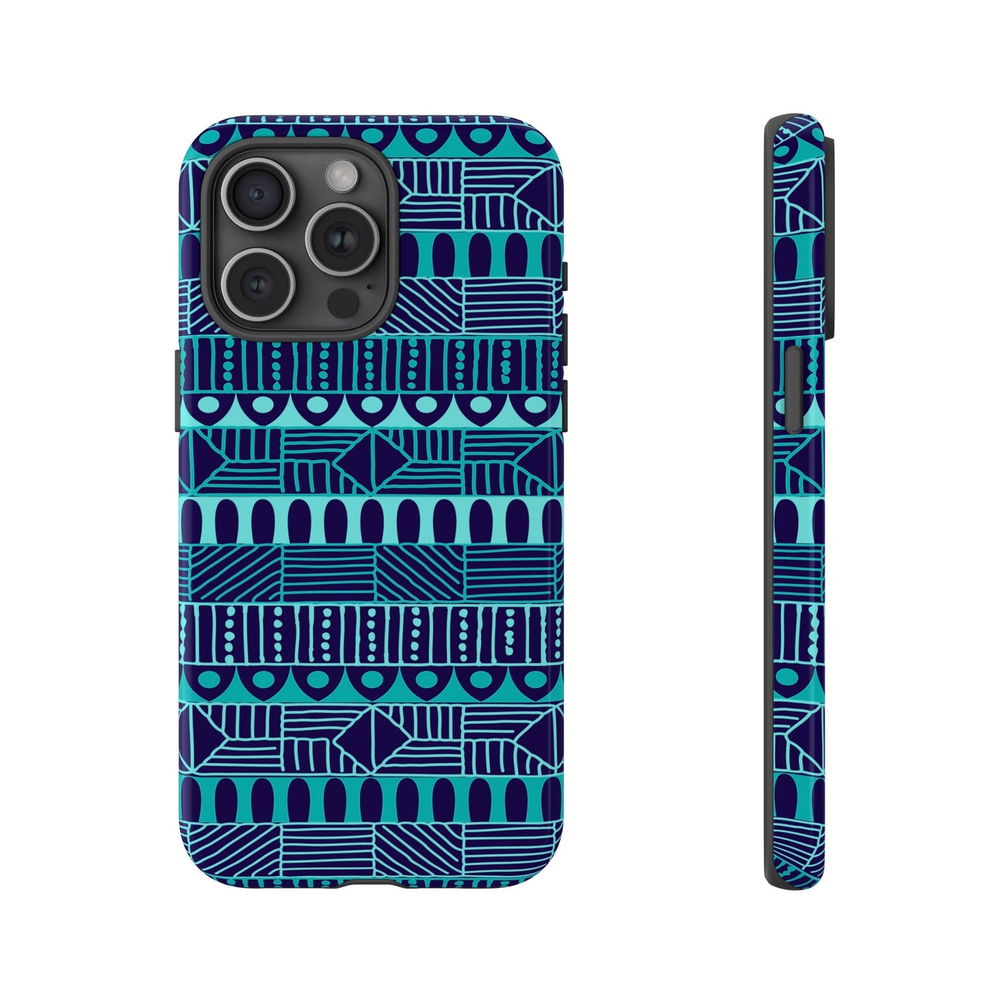 iPhone 15, iPhone 15 Pro, iPhone 15 Plus, iPhone 15 Pro Max Tough Cases Blue Navy Batik African Design Pattern Teal Light Blue