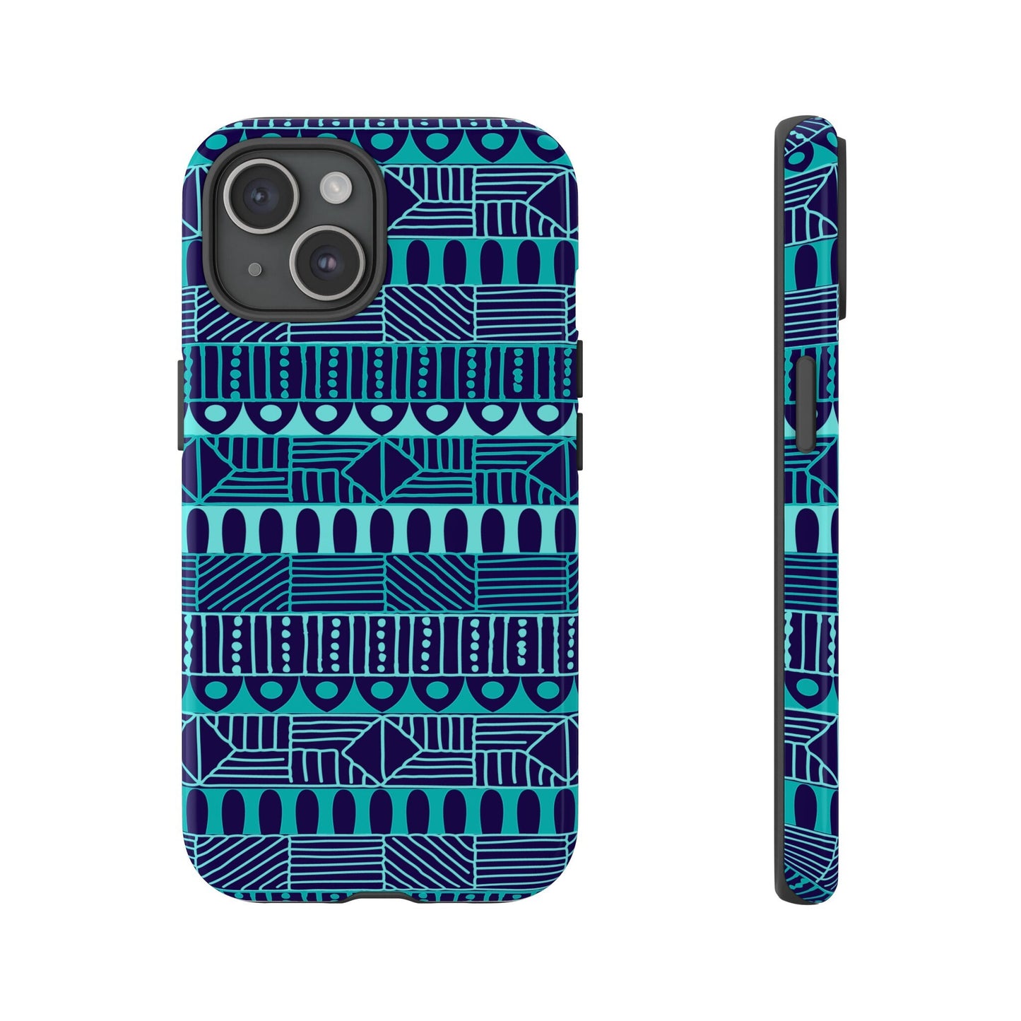 iPhone 15, iPhone 15 Pro, iPhone 15 Plus, iPhone 15 Pro Max Tough Cases Blue Navy Batik African Design Pattern Teal Light Blue