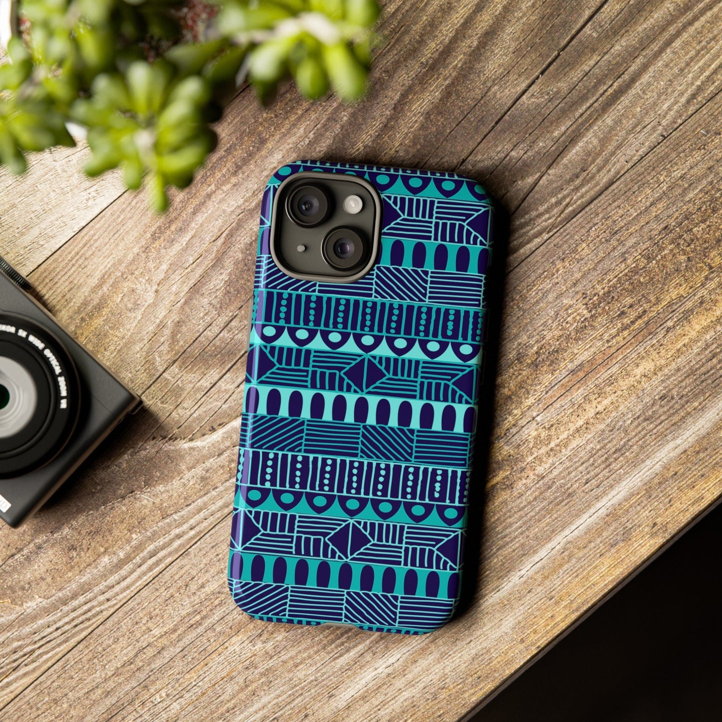 iPhone 15, iPhone 15 Pro, iPhone 15 Plus, iPhone 15 Pro Max Tough Cases Blue Navy Batik African Design Pattern Teal Light Blue