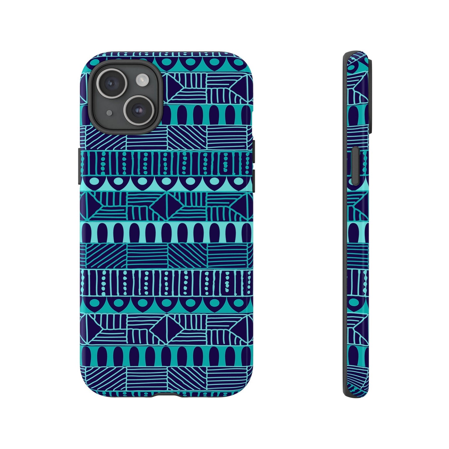 iPhone 15, iPhone 15 Pro, iPhone 15 Plus, iPhone 15 Pro Max Tough Cases Blue Navy Batik African Design Pattern Teal Light Blue