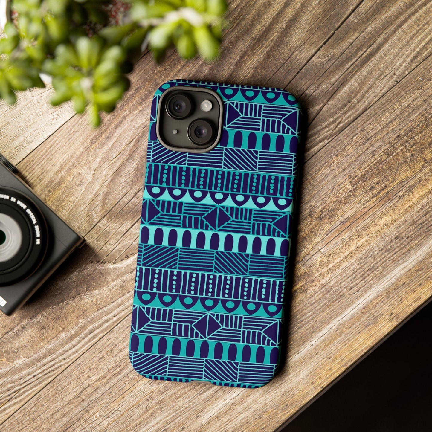 iPhone 15, iPhone 15 Pro, iPhone 15 Plus, iPhone 15 Pro Max Tough Cases Blue Navy Batik African Design Pattern Teal Light Blue