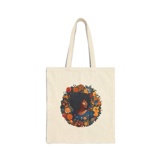 African American Woman Black Lady in Wreath with orange Yellow Red Flowers Cotton Canvas Tote Bag Shopping Bag Book Bag