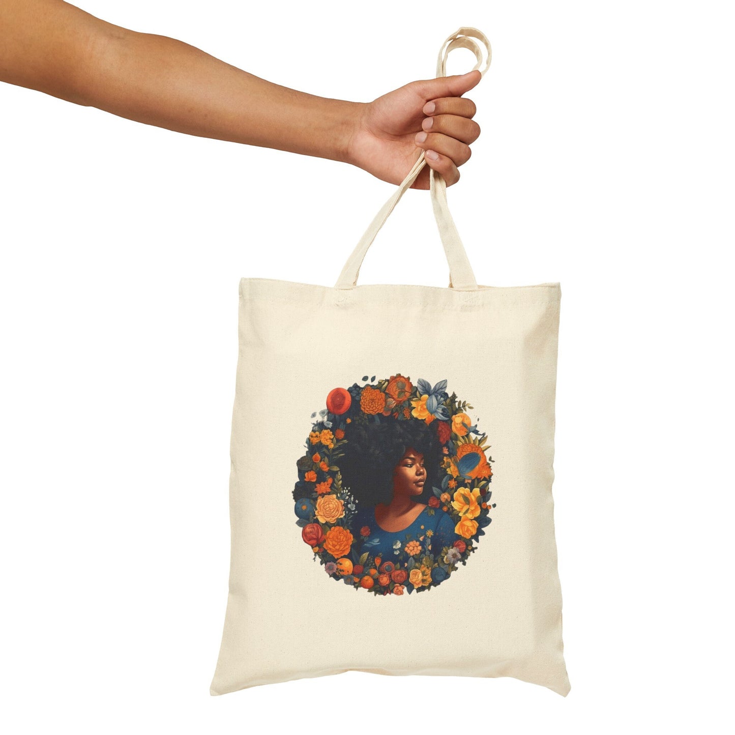 African American Woman Black Lady in Wreath with orange Yellow Red Flowers Cotton Canvas Tote Bag Shopping Bag Book Bag