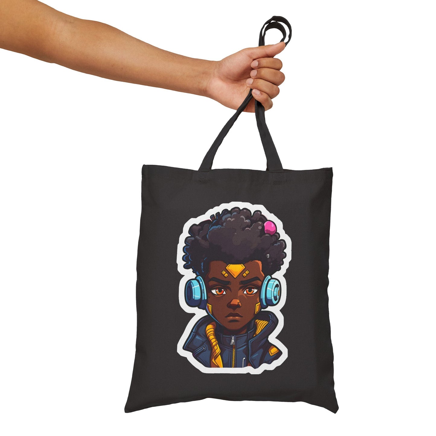 Kawaii Anime Style African American Young Man Boy with Headphones Black Student Cotton Canvas Tote Bag