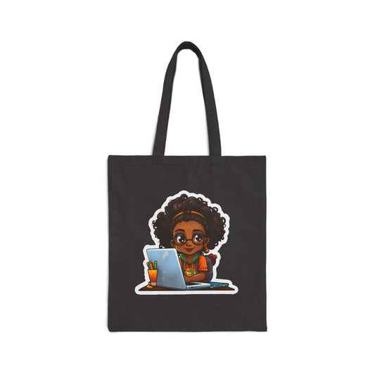 Chibi Style African American Girl Black Student Female Student at Her Desk with Her Laptop Cotton Canvas Tote Bag