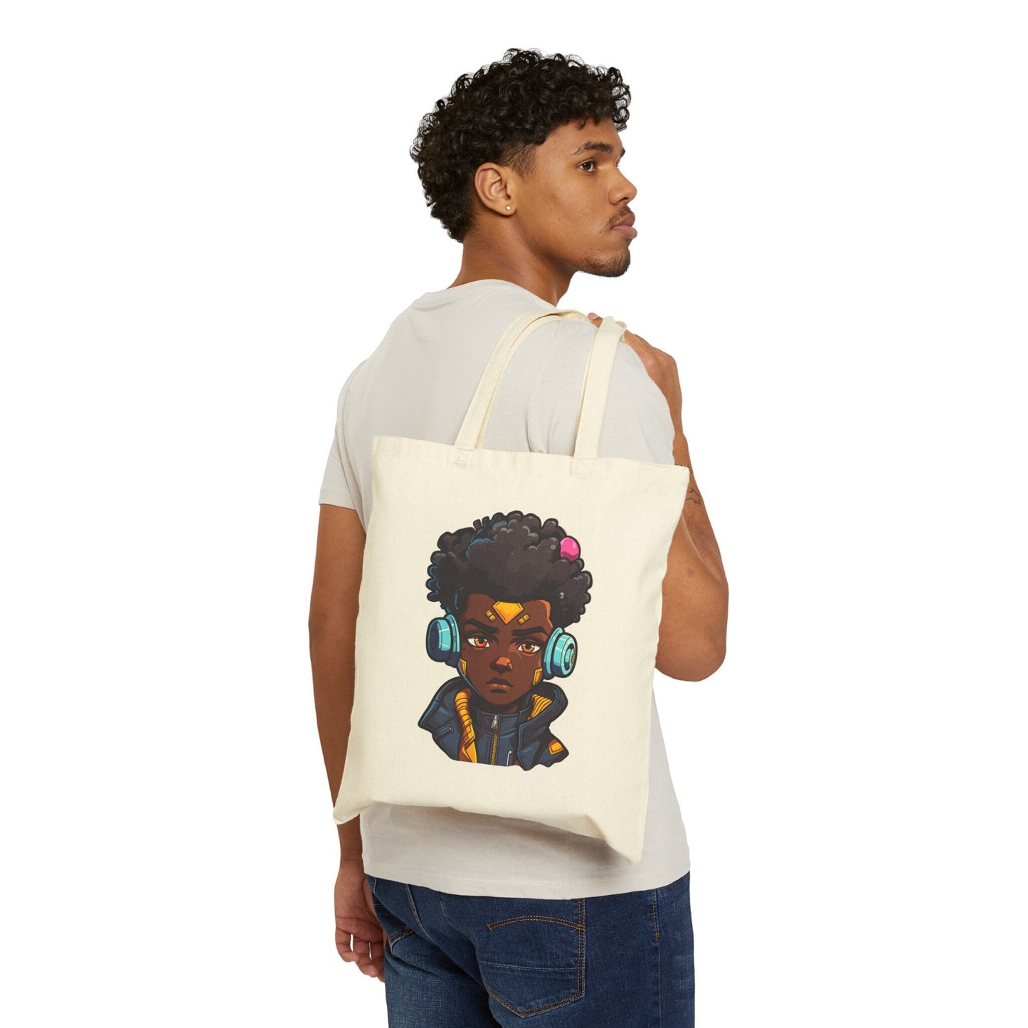 Kawaii Anime Style African American Young Man Boy with Headphones Black Student Cotton Canvas Tote Bag