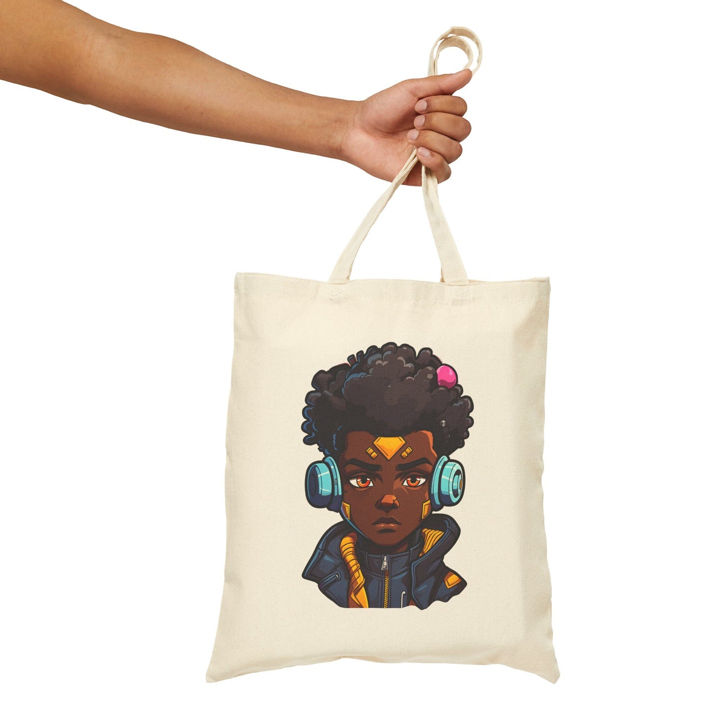 Kawaii Anime Style African American Young Man Boy with Headphones Black Student Cotton Canvas Tote Bag