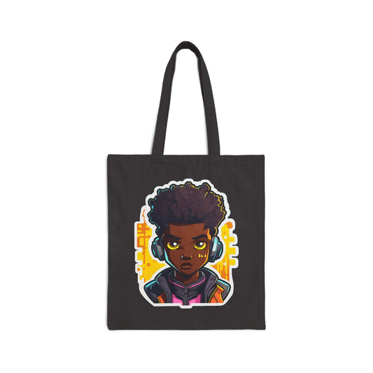Kawaii Anime Style African American (Black) Young Man (Boy) in Yellow or Golden Background Cotton Canvas Tote Bag