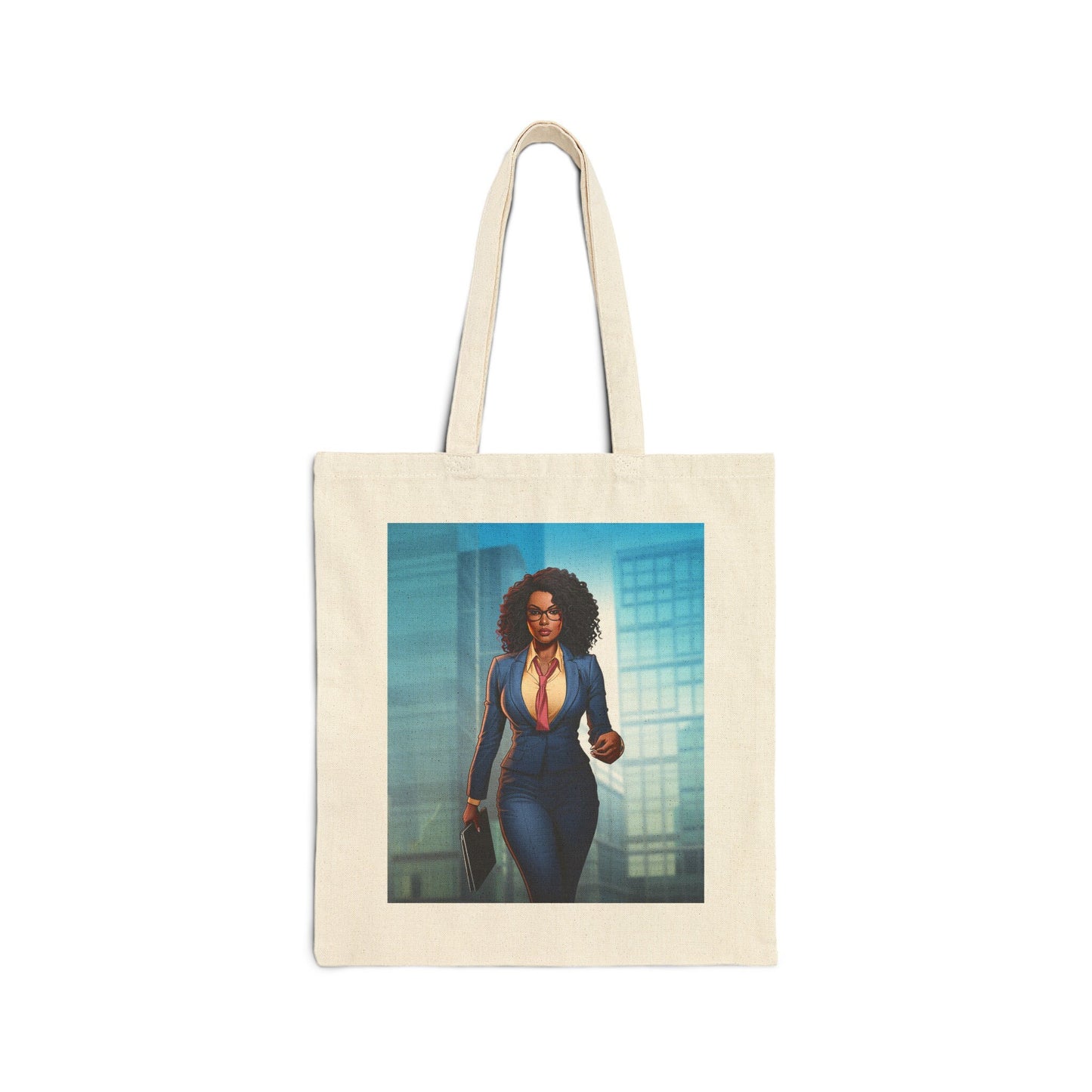 African American Business Women Superhero in Blue Environment Cotton Canvas Tote Bag