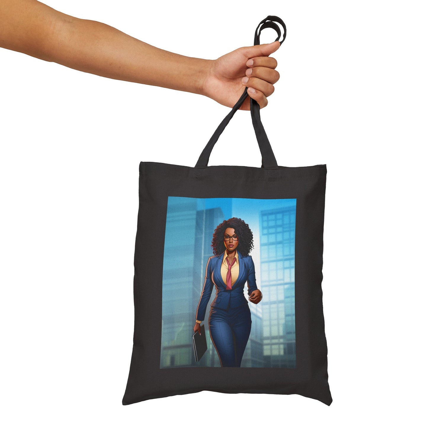 African American Business Women Superhero in Blue Environment Cotton Canvas Tote Bag