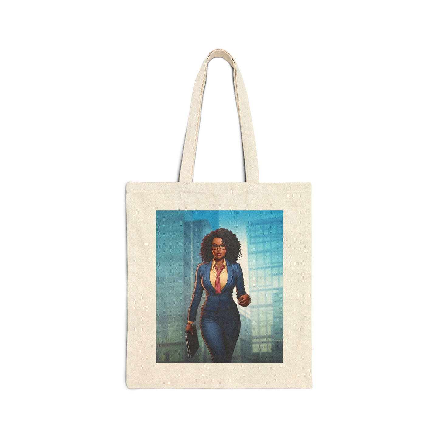 African American Business Women Superhero in Blue Environment Cotton Canvas Tote Bag